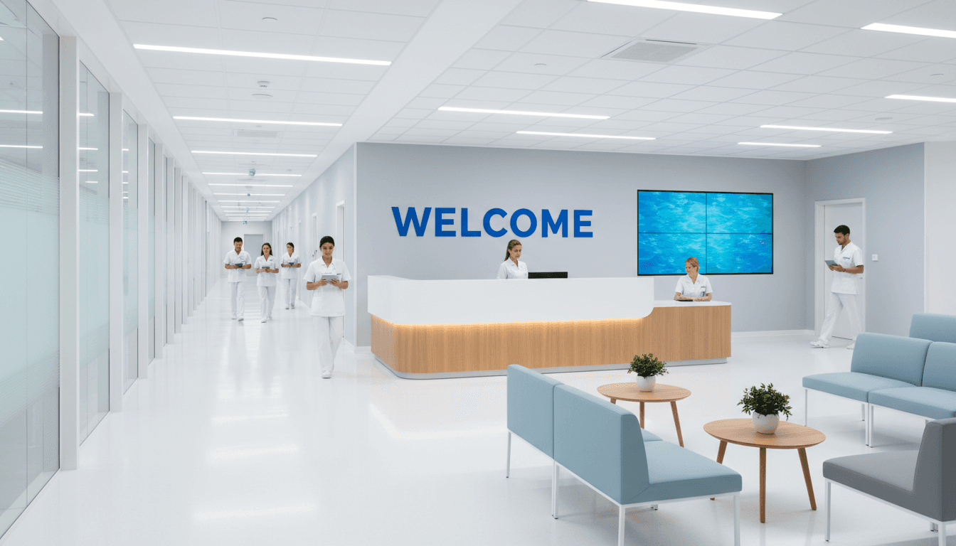 Modern hospital corridor with professional medical staff and welcoming reception area