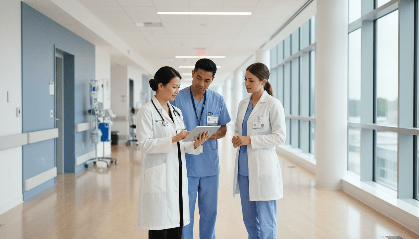 Professional medical team collaborating in modern hospital setting