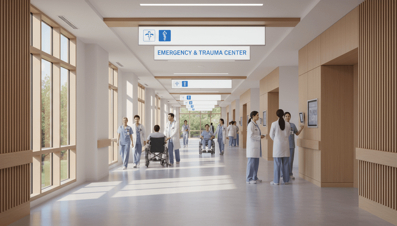 Modern hospital emergency room with advanced medical equipment and professional staff