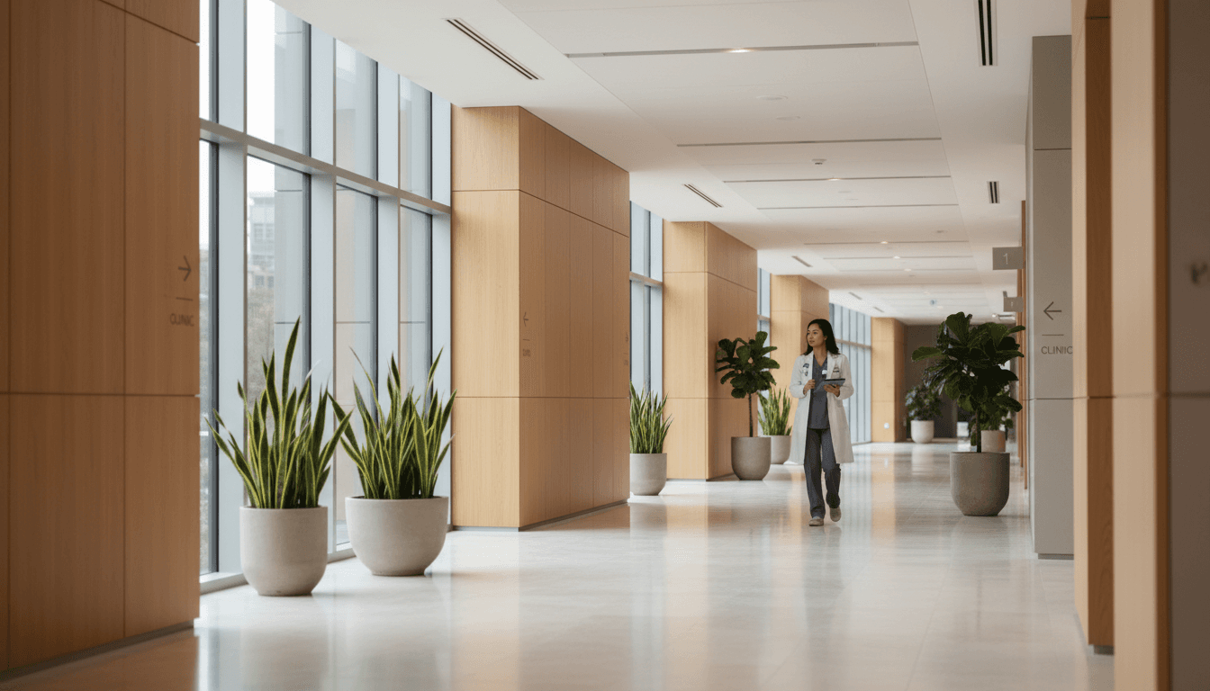 Modern hospital corridor with bright lighting and professional medical environment