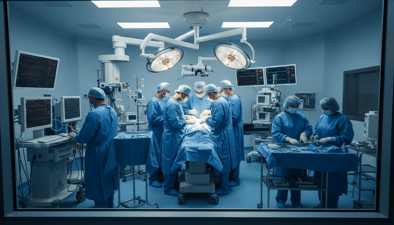 Surgical team performing procedure in modern operating room with advanced lighting and monitoring equipment